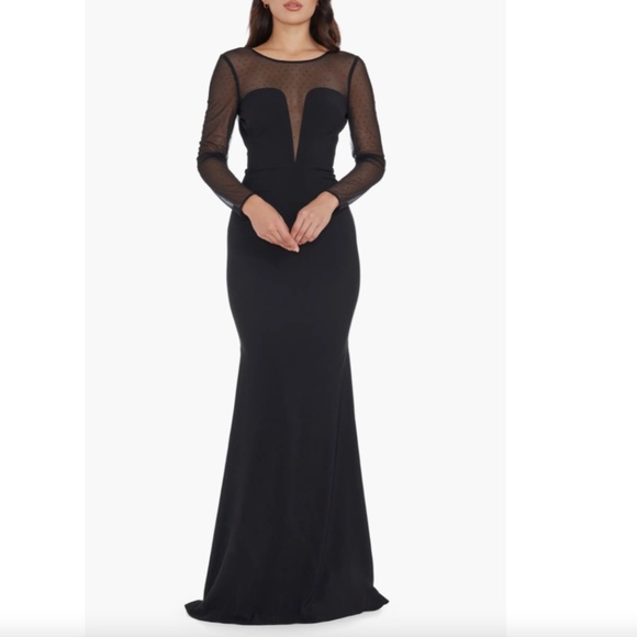 NEW DRESS THE POPULATION Black VAL Rhinestone ILLUSION MESH L/S Mermaid GOWN XS - Picture 11 of 13